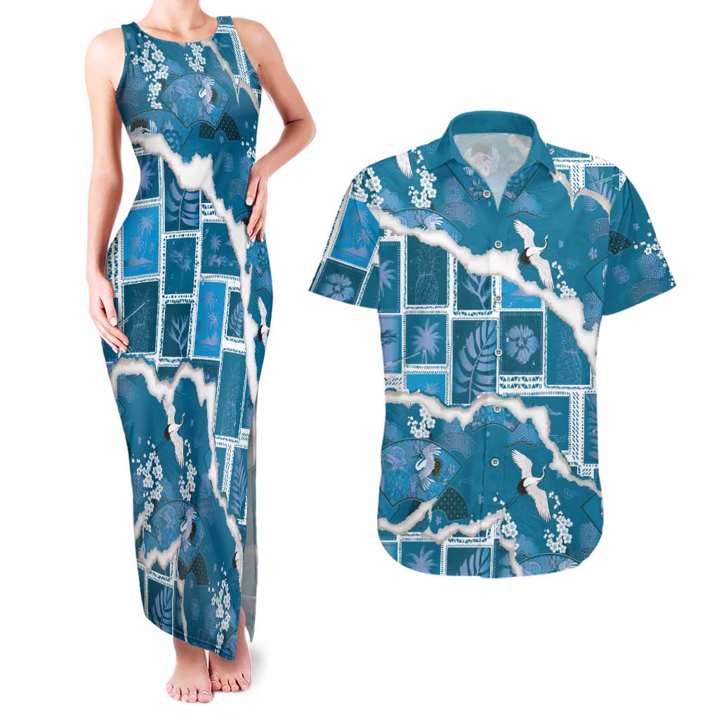 Hawaii Japanese Culture Blue Couples Matching Tank Maxi Dress and Hawaiian Shirt Spring Cranes Aloha Pattern LT01 Blue - Polynesian Pride