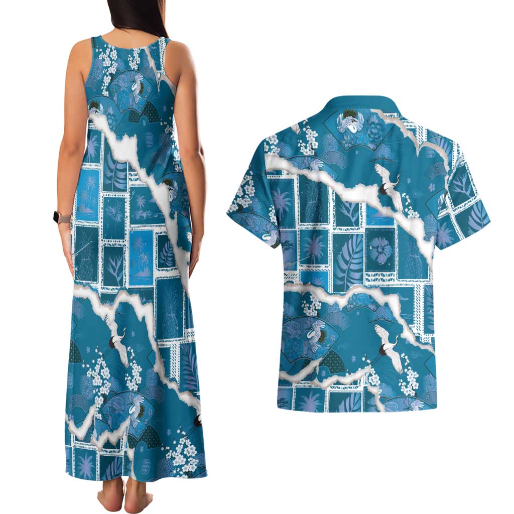 Hawaii Japanese Culture Blue Couples Matching Tank Maxi Dress and Hawaiian Shirt Spring Cranes Aloha Pattern LT01 - Polynesian Pride