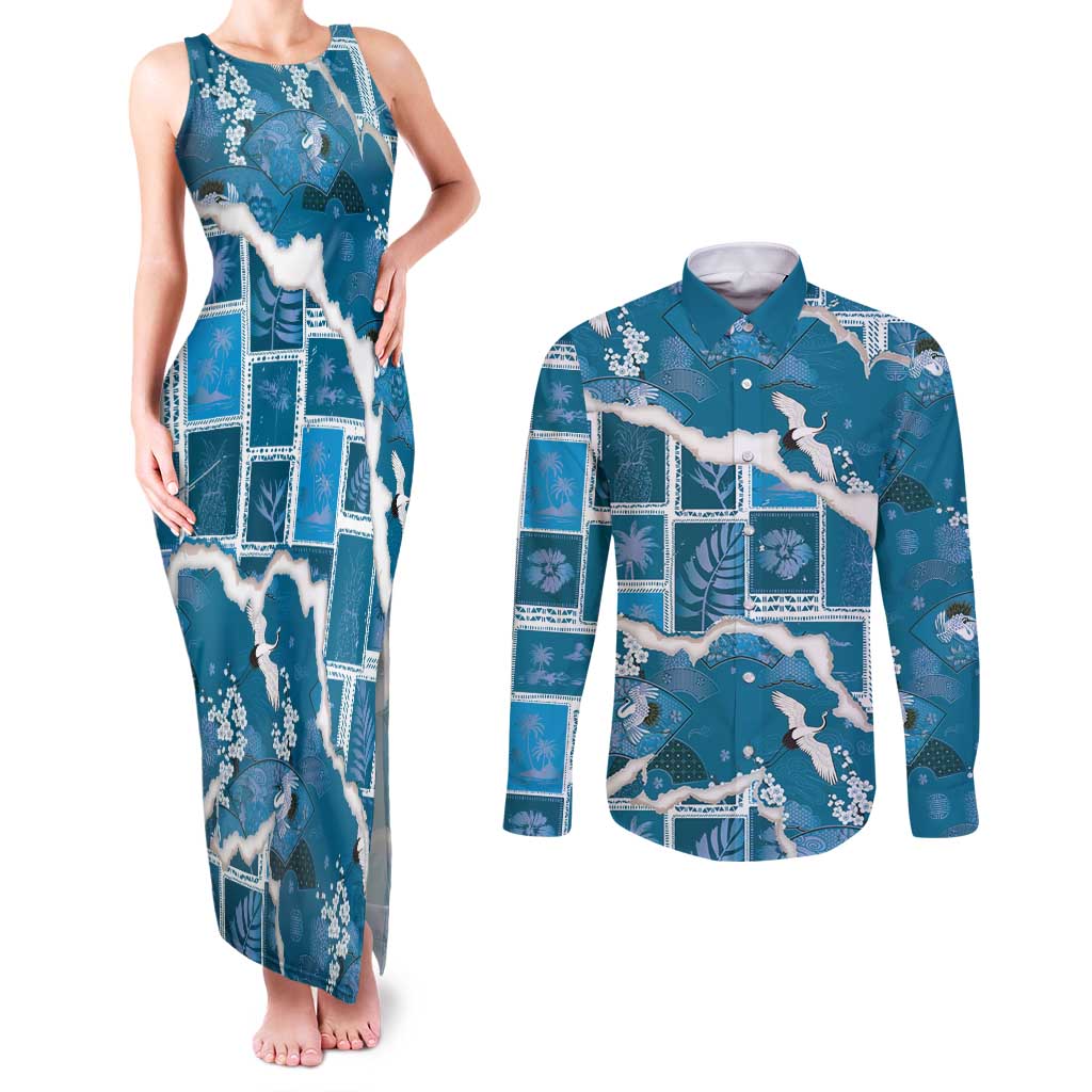 Hawaii Japanese Culture Blue Couples Matching Tank Maxi Dress and Long Sleeve Button Shirt Spring Cranes Aloha Pattern LT01 Blue - Polynesian Pride