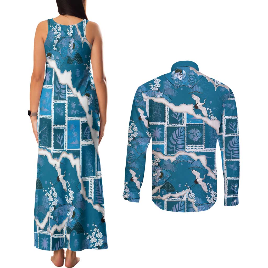 Hawaii Japanese Culture Blue Couples Matching Tank Maxi Dress and Long Sleeve Button Shirt Spring Cranes Aloha Pattern LT01 - Polynesian Pride