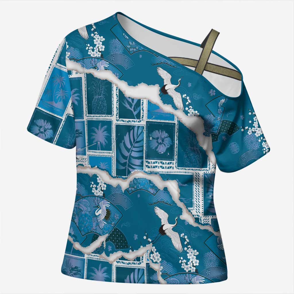 Hawaii Japanese Culture Blue Cross Shoulder Shirt Spring Cranes Aloha Pattern