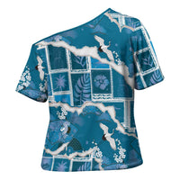 Hawaii Japanese Culture Blue Cross Shoulder Shirt Spring Cranes Aloha Pattern