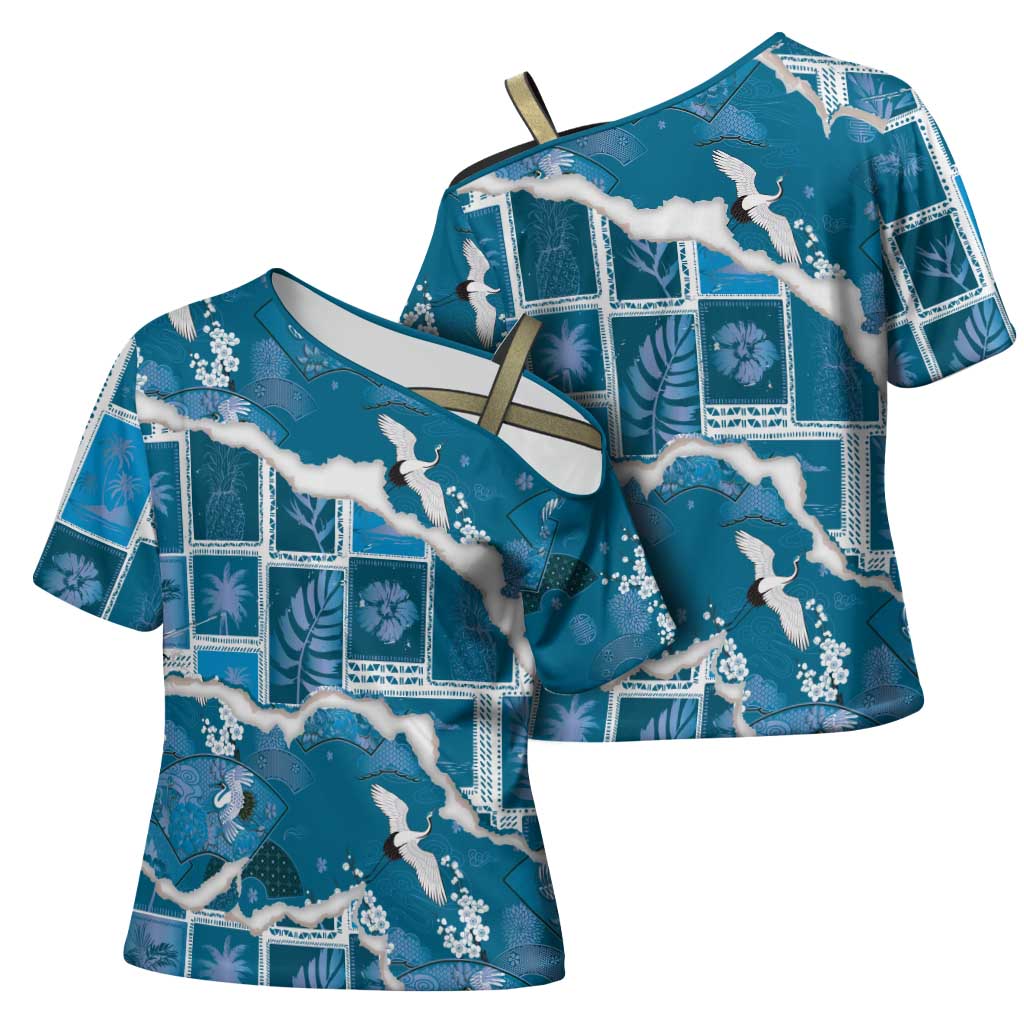 Hawaii Japanese Culture Blue Cross Shoulder Shirt Spring Cranes Aloha Pattern