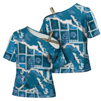 Hawaii Japanese Culture Blue Cross Shoulder Shirt Spring Cranes Aloha Pattern