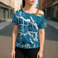 Hawaii Japanese Culture Blue Cross Shoulder Shirt Spring Cranes Aloha Pattern