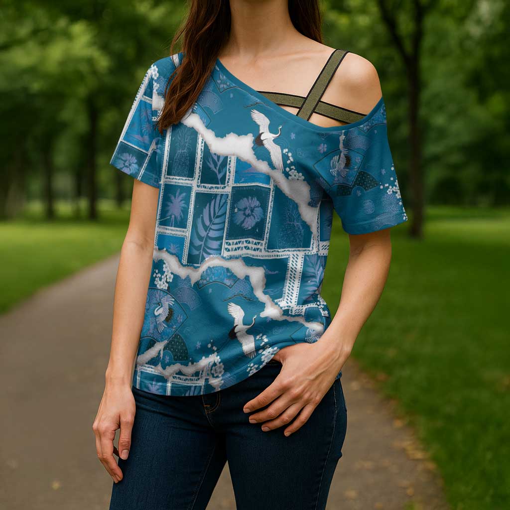 Hawaii Japanese Culture Blue Cross Shoulder Shirt Spring Cranes Aloha Pattern