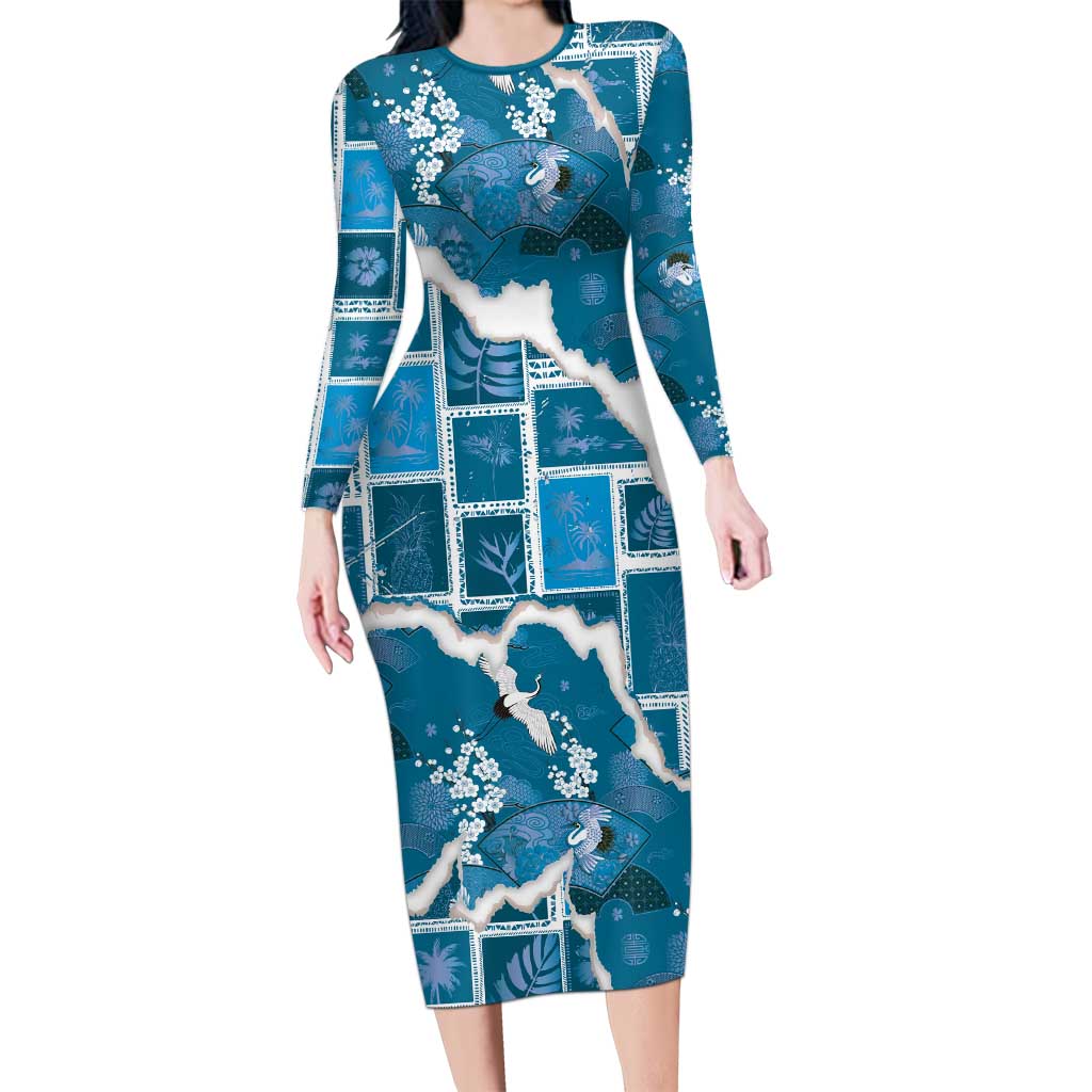 Hawaii Japanese Culture Blue Family Matching Long Sleeve Bodycon Dress and Hawaiian Shirt Spring Cranes Aloha Pattern
