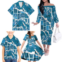 Hawaii Japanese Culture Blue Family Matching Off The Shoulder Long Sleeve Dress and Hawaiian Shirt Spring Cranes Aloha Pattern