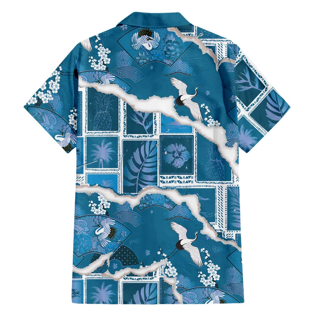 Hawaii Japanese Culture Blue Family Matching Off The Shoulder Long Sleeve Dress and Hawaiian Shirt Spring Cranes Aloha Pattern