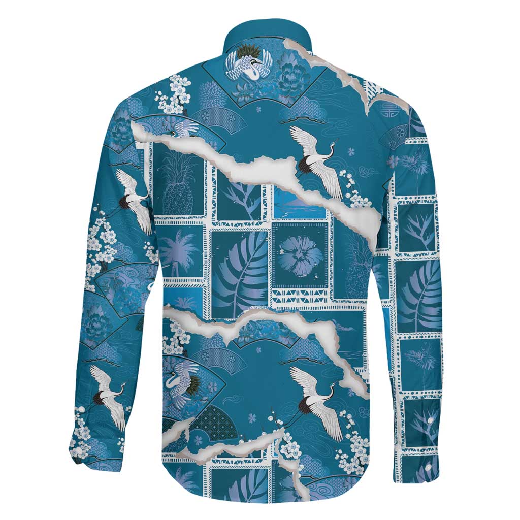 Hawaii Japanese Culture Blue Family Matching Off The Shoulder Long Sleeve Dress and Hawaiian Shirt Spring Cranes Aloha Pattern