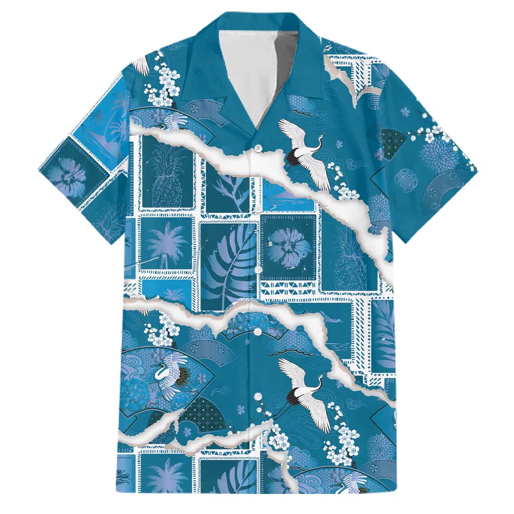 Hawaii Japanese Culture Blue Family Matching Off Shoulder Maxi Dress and Hawaiian Shirt Spring Cranes Aloha Pattern