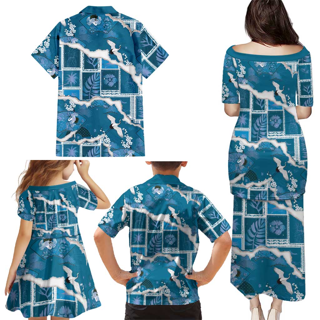 Hawaii Japanese Culture Blue Family Matching Puletasi and Hawaiian Shirt Spring Cranes Aloha Pattern