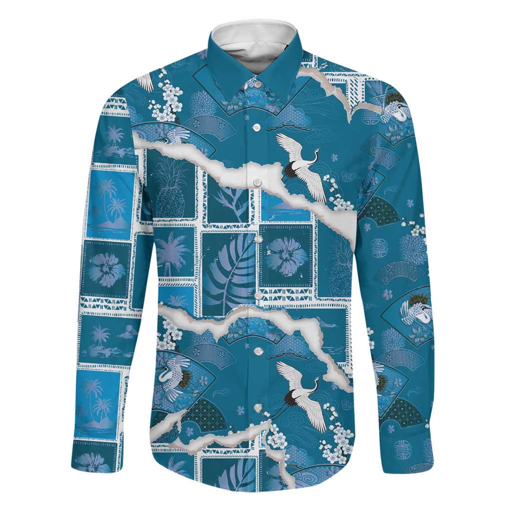 Hawaii Japanese Culture Blue Family Matching Puletasi and Hawaiian Shirt Spring Cranes Aloha Pattern