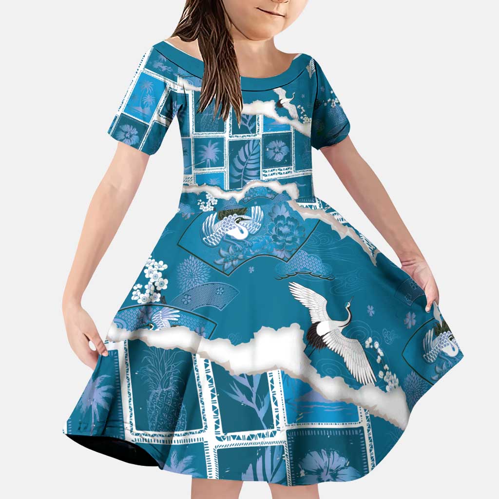 Hawaii Japanese Culture Blue Family Matching Short Sleeve Bodycon Dress and Hawaiian Shirt Spring Cranes Aloha Pattern