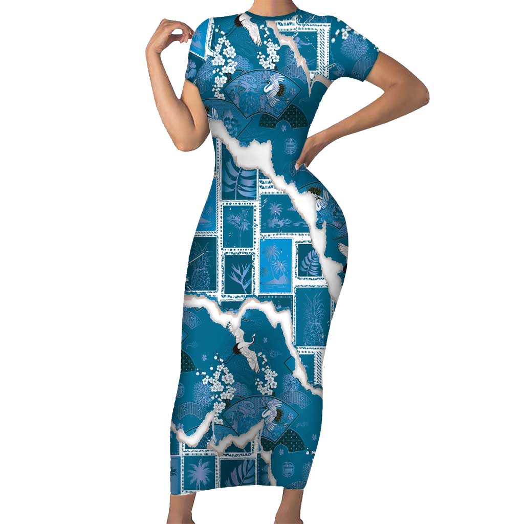 Hawaii Japanese Culture Blue Family Matching Short Sleeve Bodycon Dress and Hawaiian Shirt Spring Cranes Aloha Pattern