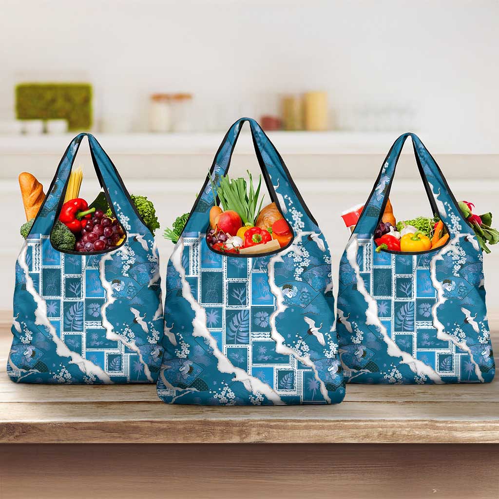 Hawaii Japanese Culture Blue Grocery Bag Spring Cranes Aloha Pattern LT01 3-pack One Size Blue - Polynesian Pride