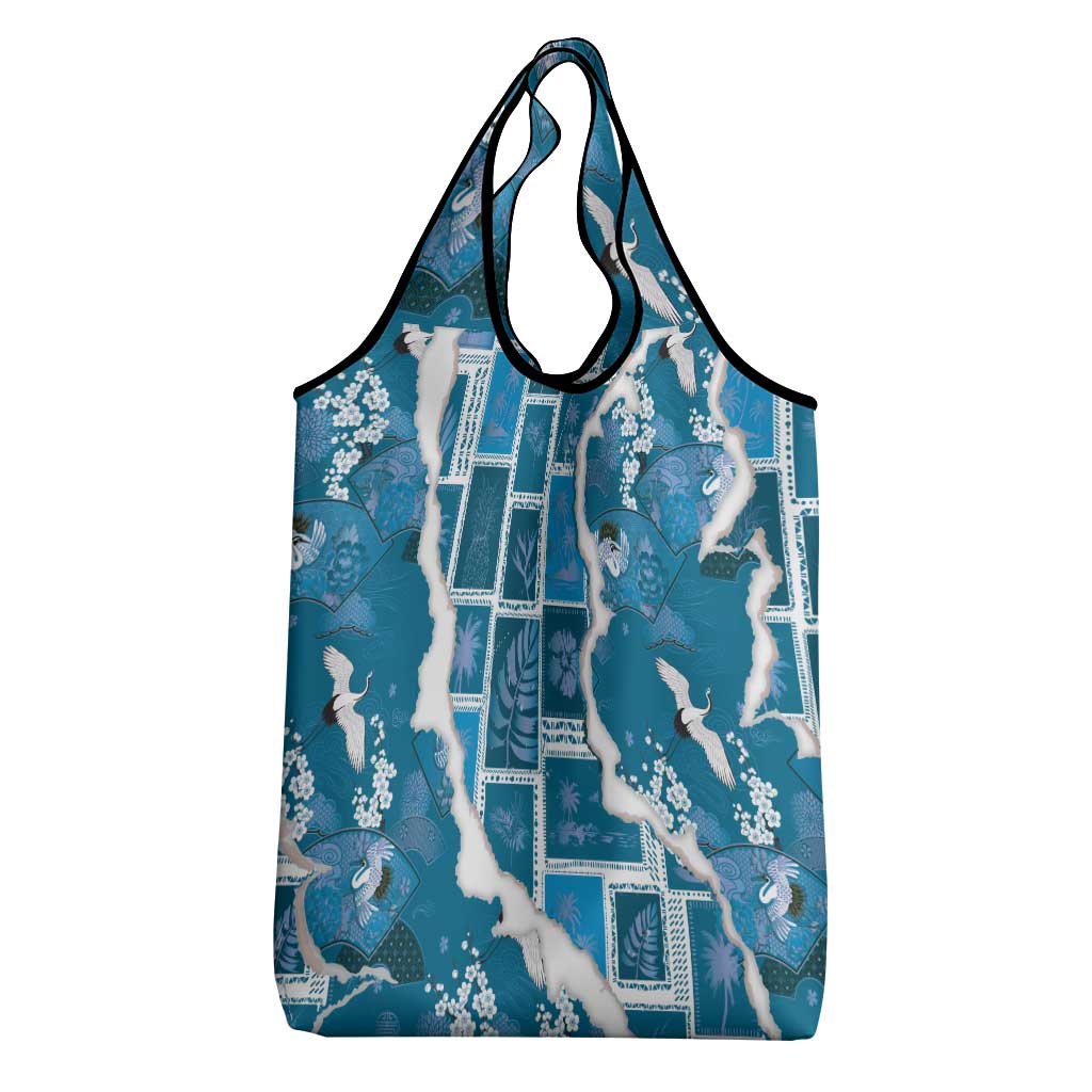 Hawaii Japanese Culture Blue Grocery Bag Spring Cranes Aloha Pattern LT01 - Polynesian Pride
