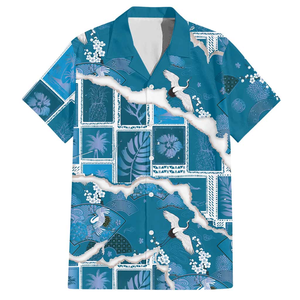 Hawaii Japanese Culture Blue Hawaiian Shirt Spring Cranes Aloha Pattern LT01 Blue - Polynesian Pride