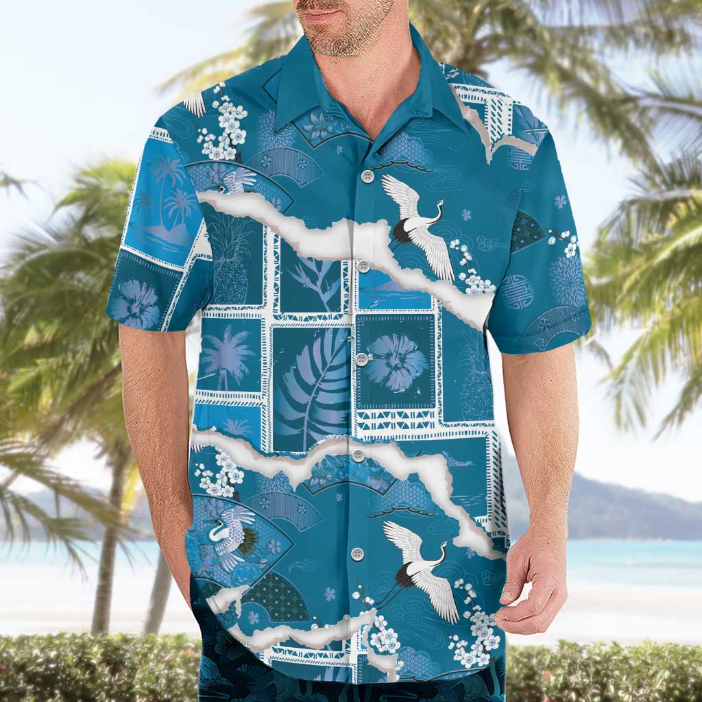 Hawaii Japanese Culture Blue Hawaiian Shirt Spring Cranes Aloha Pattern LT01 - Polynesian Pride