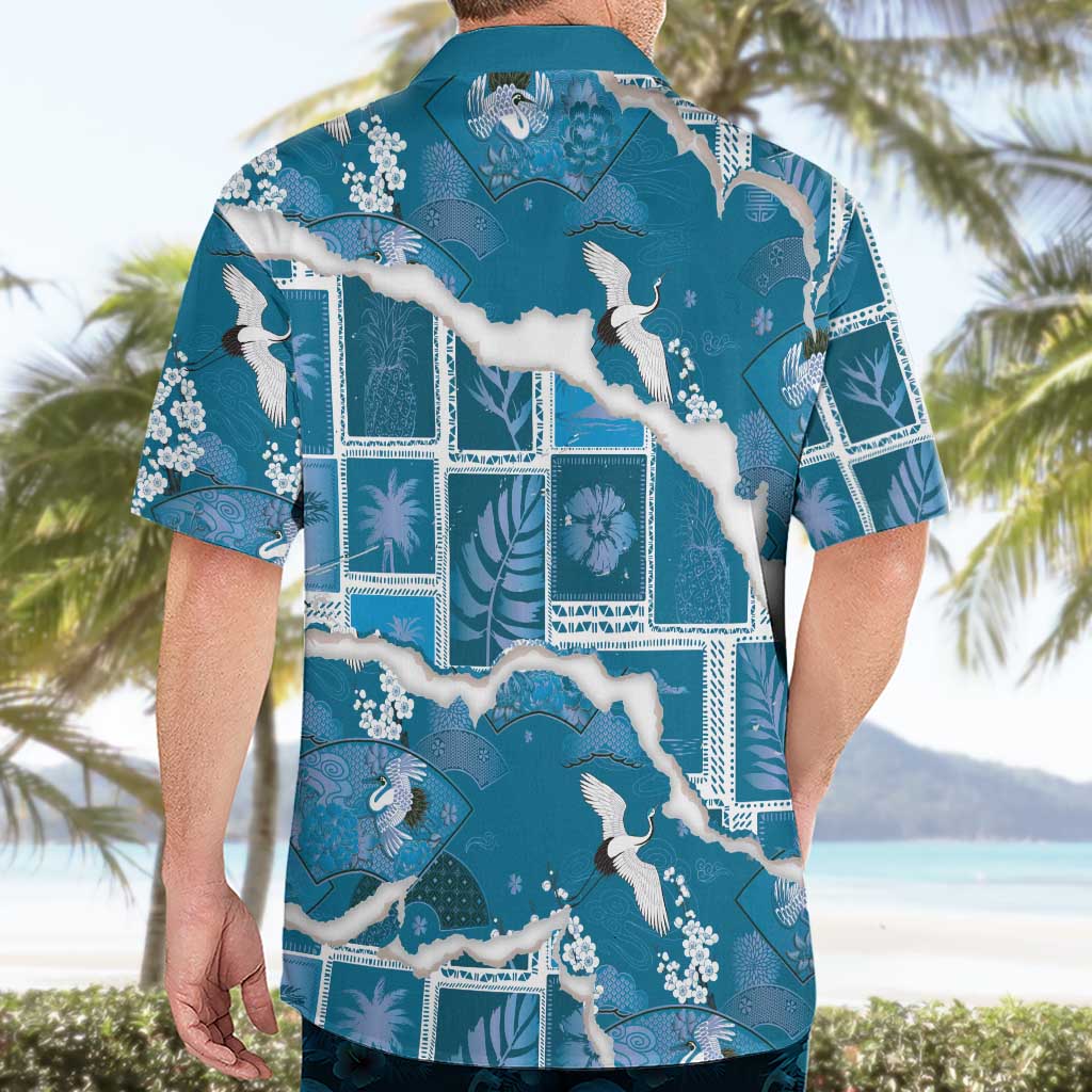 Hawaii Japanese Culture Blue Hawaiian Shirt Spring Cranes Aloha Pattern LT01 - Polynesian Pride
