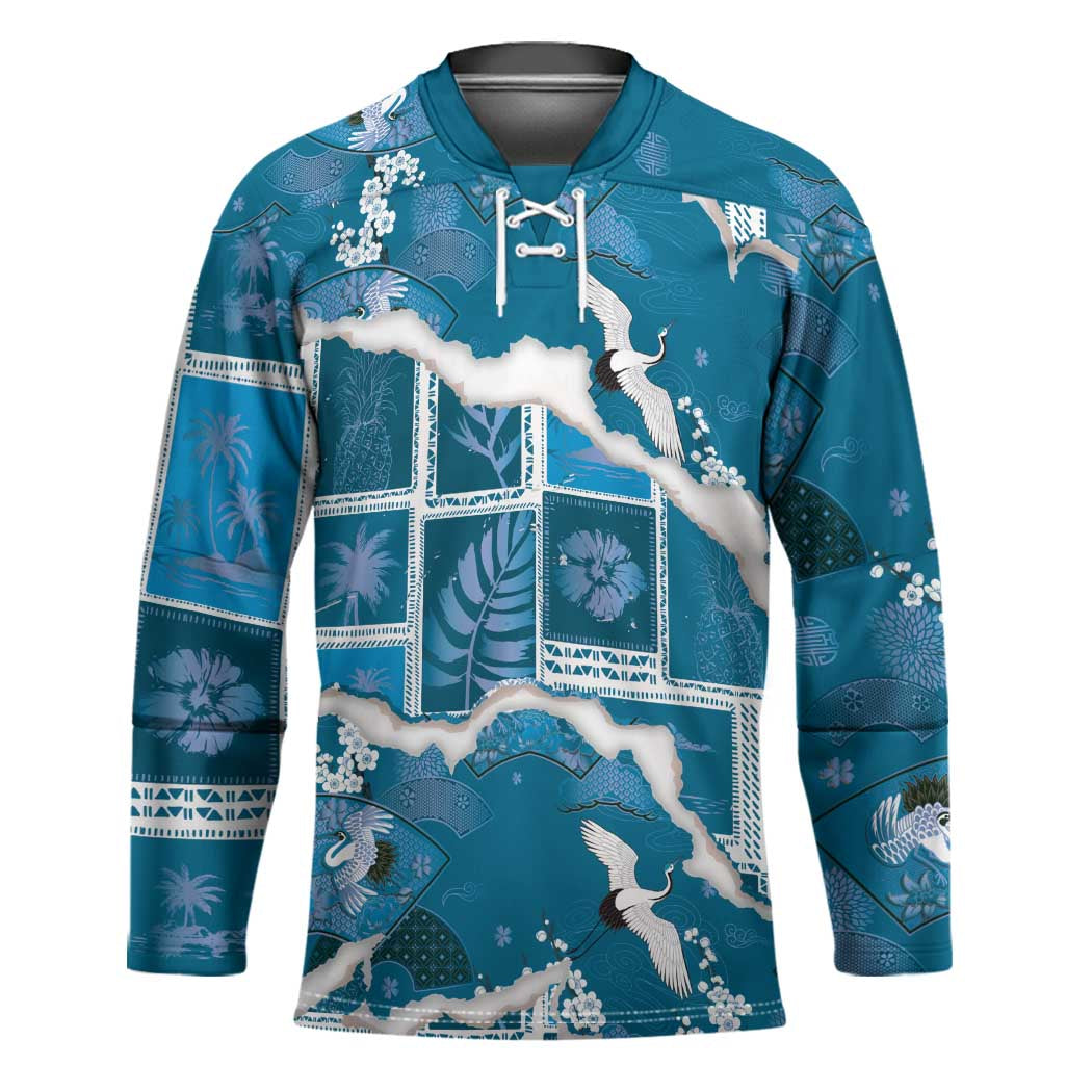 Hawaii Japanese Culture Blue Hockey Jersey Spring Cranes Aloha Pattern LT01 Unisex Blue - Polynesian Pride