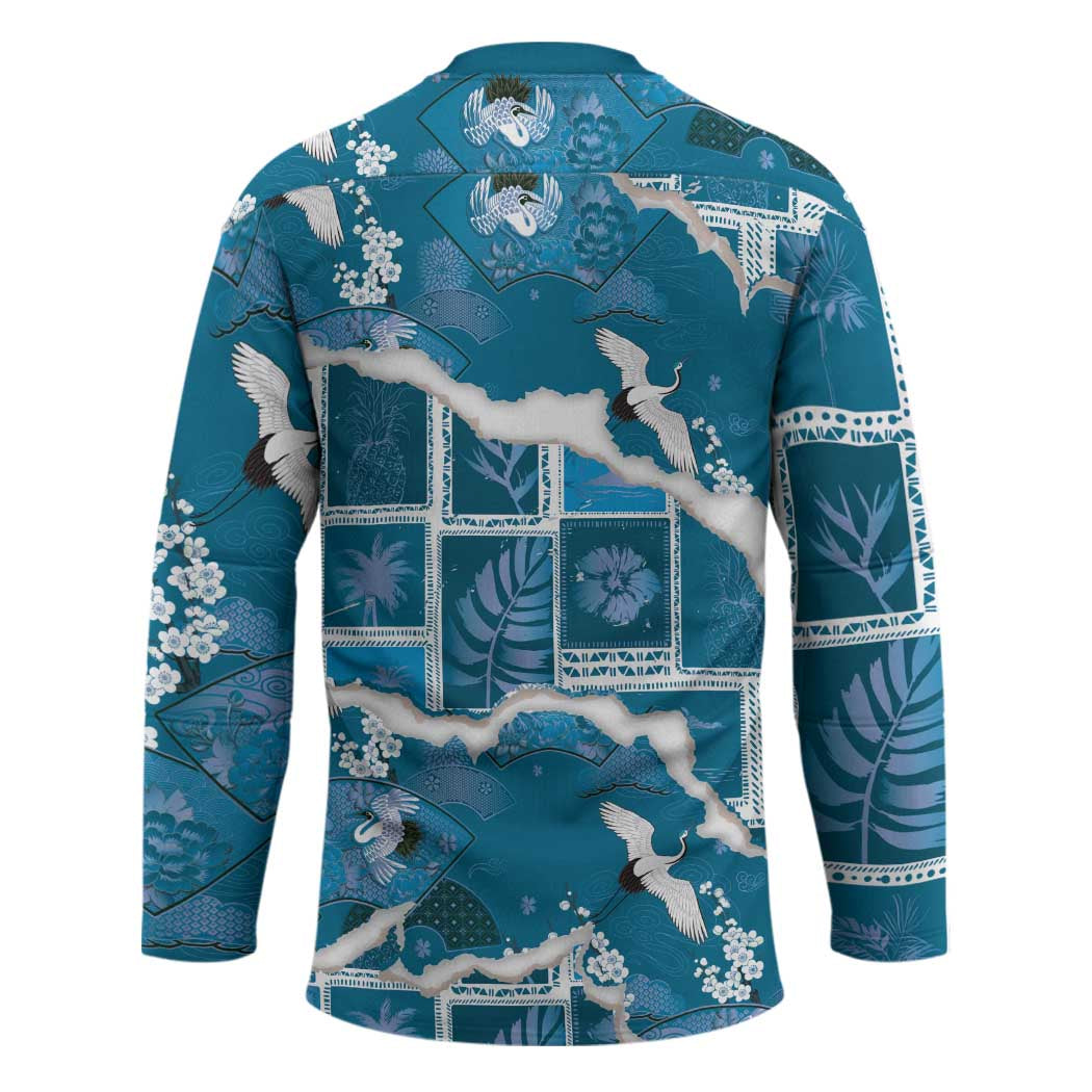 Hawaii Japanese Culture Blue Hockey Jersey Spring Cranes Aloha Pattern LT01 - Polynesian Pride
