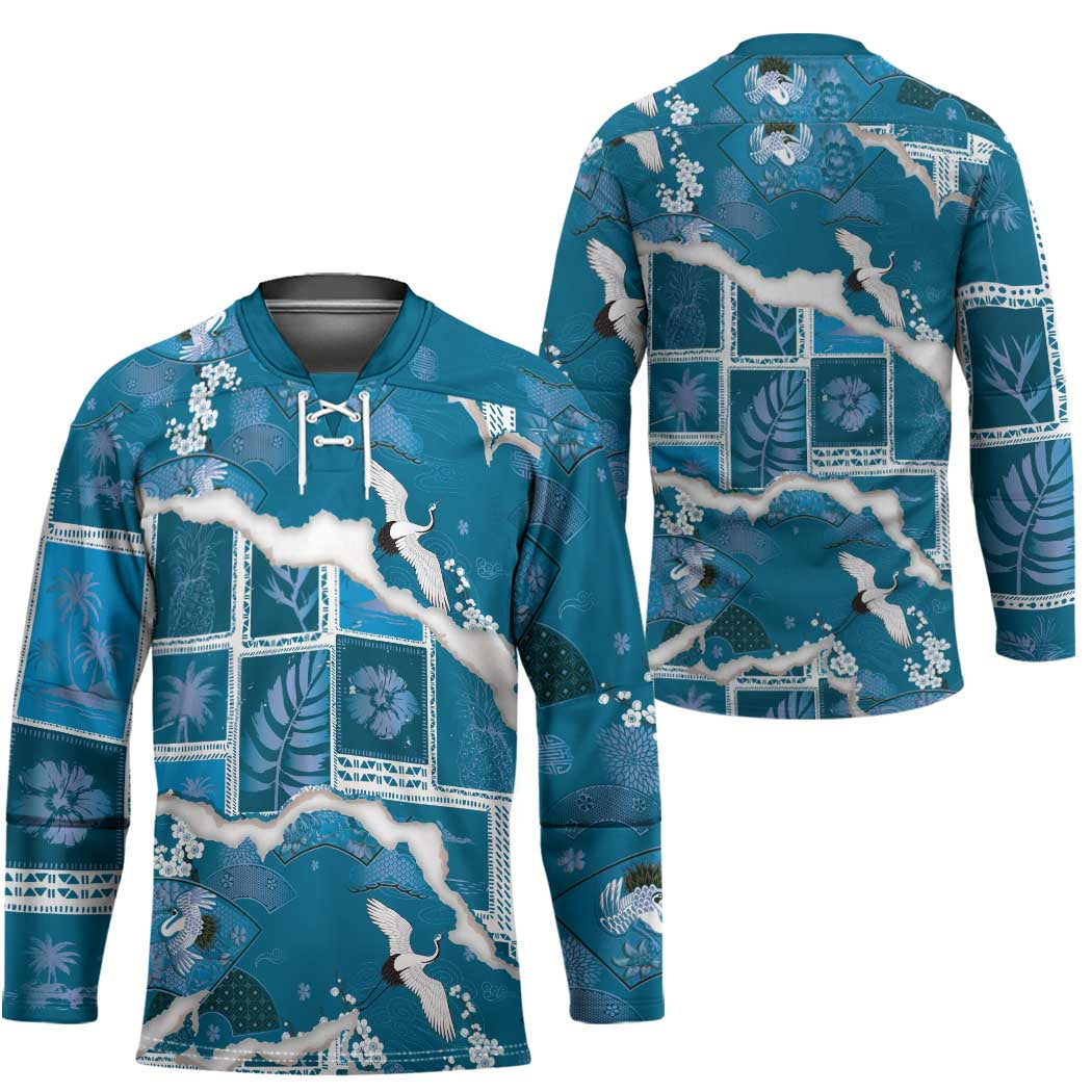 Hawaii Japanese Culture Blue Hockey Jersey Spring Cranes Aloha Pattern LT01 - Polynesian Pride