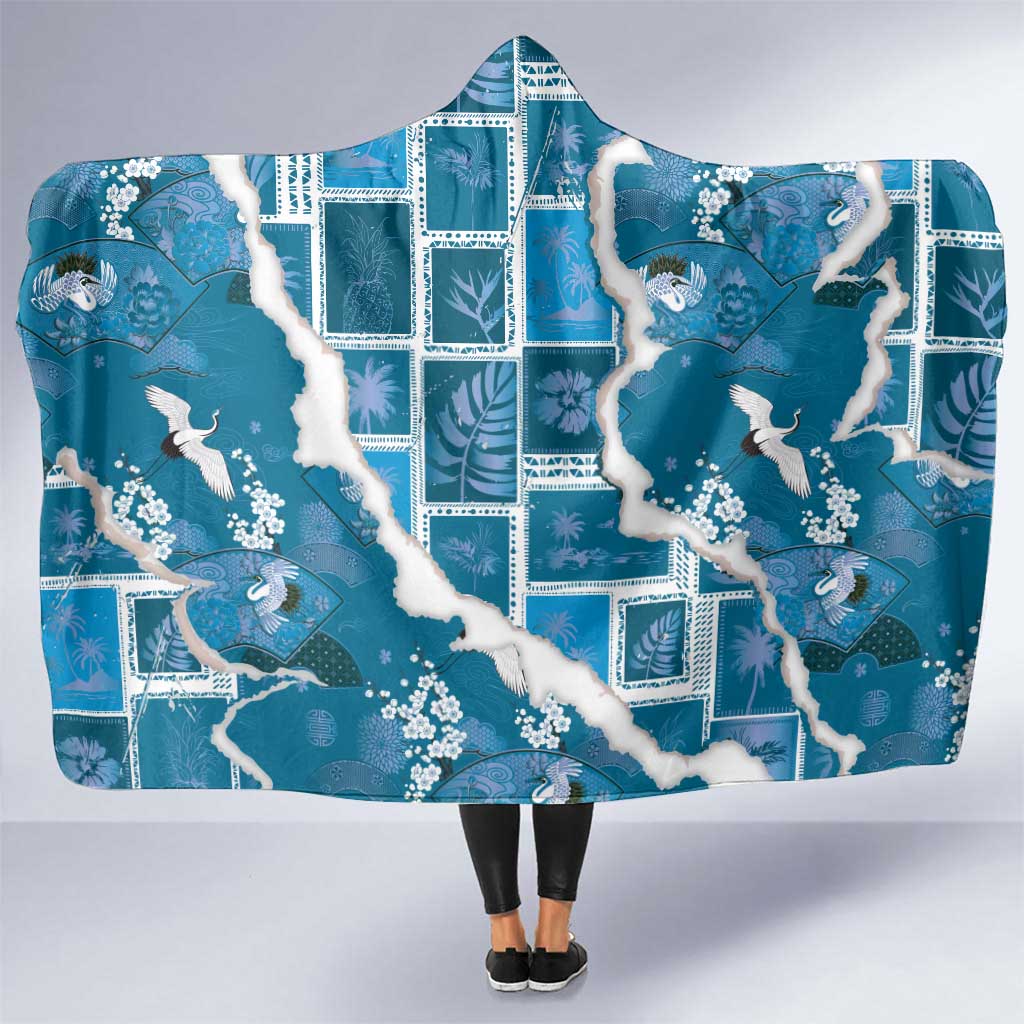 Hawaii Japanese Culture Blue Hooded Blanket Spring Cranes Aloha Pattern LT01 One Size Blue - Polynesian Pride