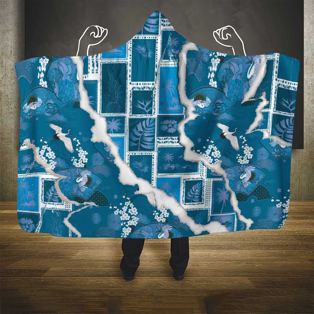 Hawaii Japanese Culture Blue Hooded Blanket Spring Cranes Aloha Pattern LT01 - Polynesian Pride