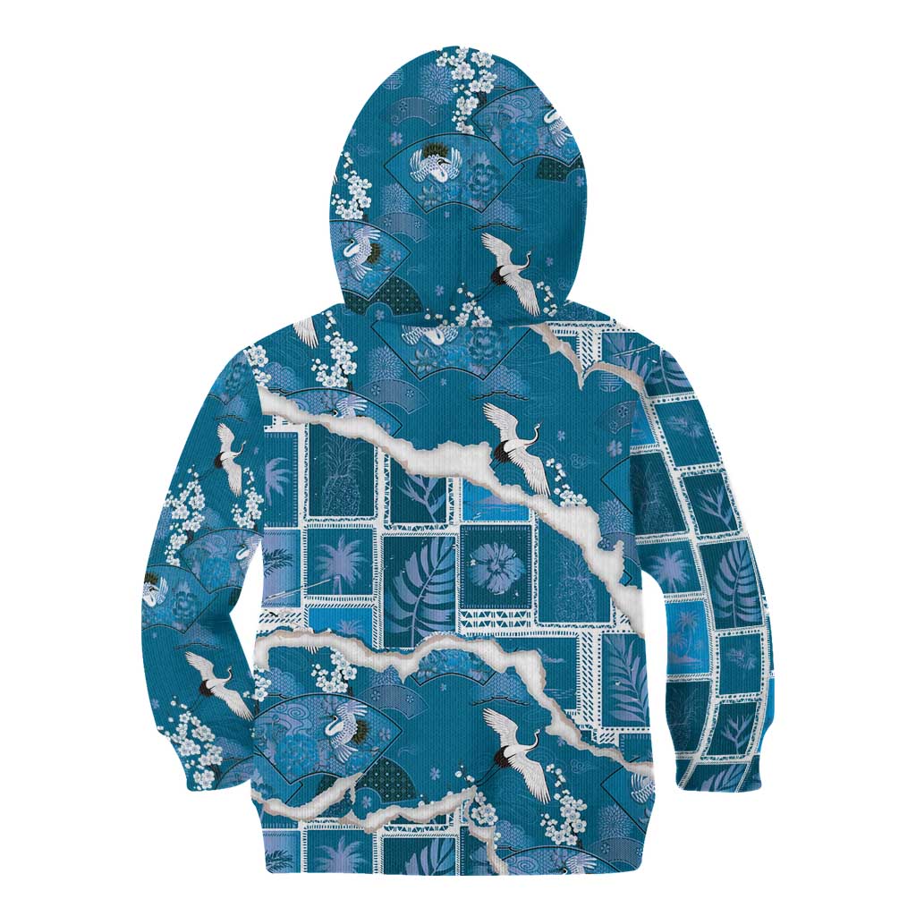 Hawaii Japanese Culture Blue Kid Hoodie Spring Cranes Aloha Pattern LT01 - Polynesian Pride