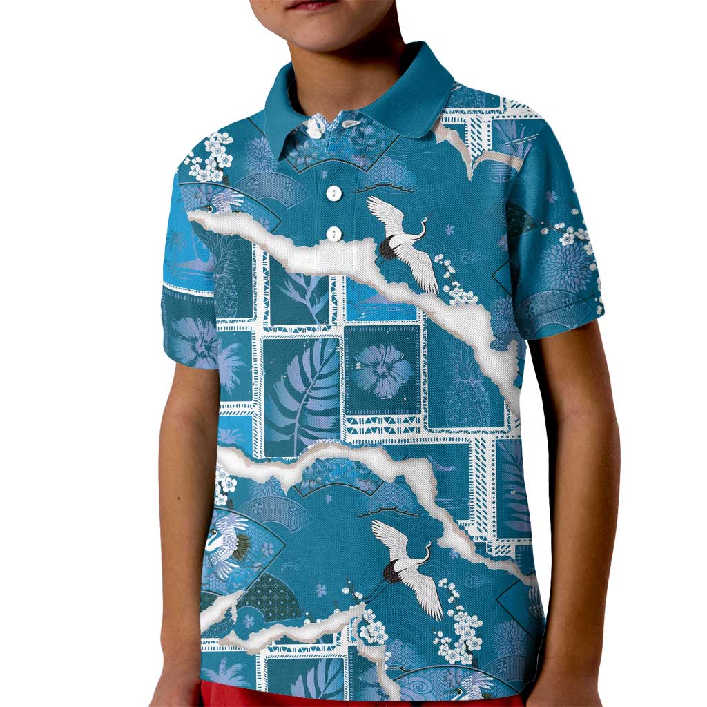 Hawaii Japanese Culture Blue Kid Polo Shirt Spring Cranes Aloha Pattern LT01 Kid Blue - Polynesian Pride