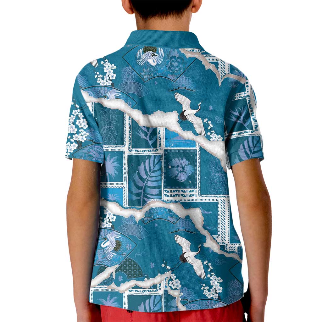 Hawaii Japanese Culture Blue Kid Polo Shirt Spring Cranes Aloha Pattern LT01 - Polynesian Pride