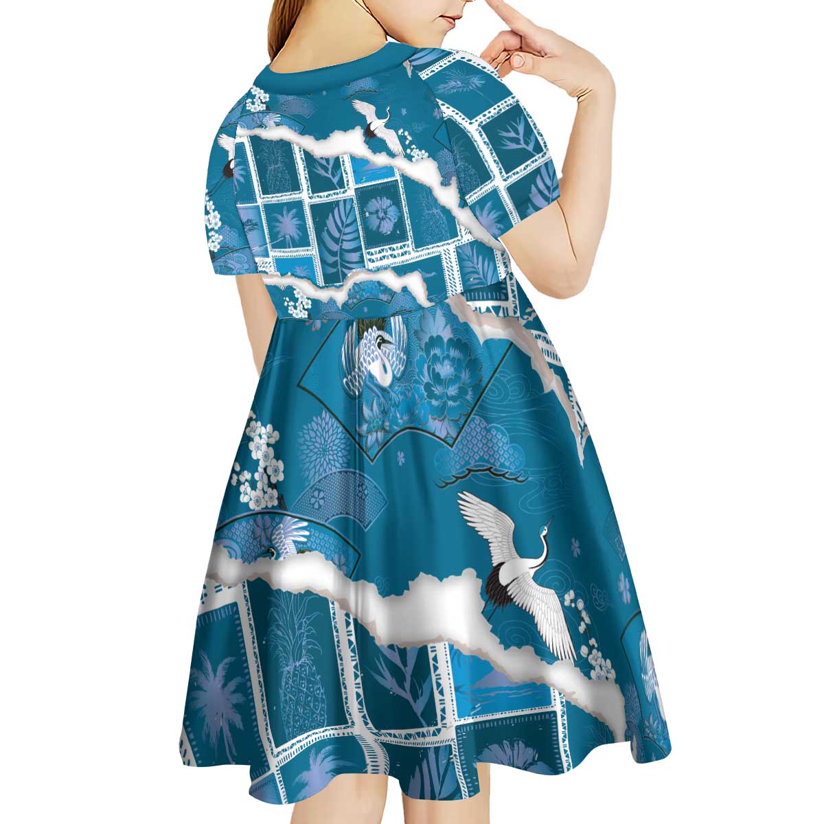 Hawaii Japanese Culture Blue Kid Short Sleeve Dress Spring Cranes Aloha Pattern LT01 - Polynesian Pride