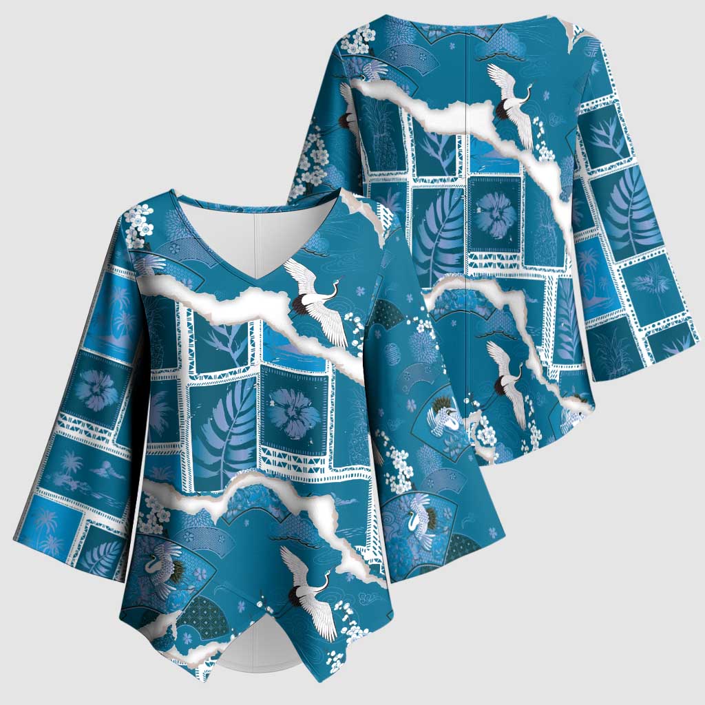 Hawaii Japanese Culture Blue Kimono Sleeve Blouse Spring Cranes Aloha Pattern LT01 - Polynesian Pride