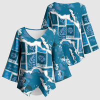 Hawaii Japanese Culture Blue Kimono Sleeve Blouse Spring Cranes Aloha Pattern LT01 - Polynesian Pride
