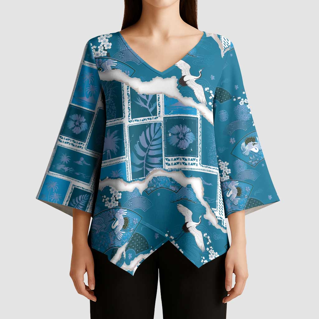 Hawaii Japanese Culture Blue Kimono Sleeve Blouse Spring Cranes Aloha Pattern LT01 - Polynesian Pride