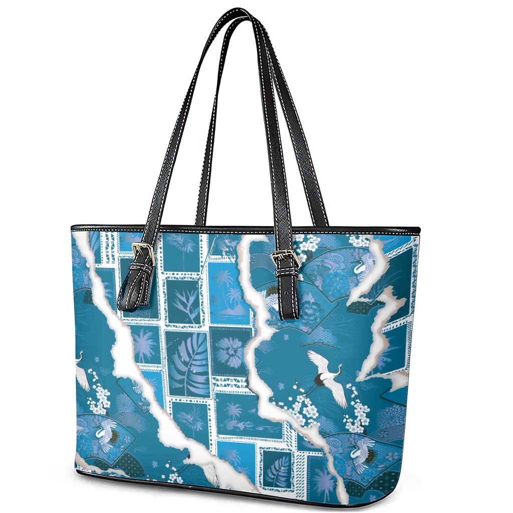 Hawaii Japanese Culture Blue Leather Tote Bag Spring Cranes Aloha Pattern LT01 - Polynesian Pride