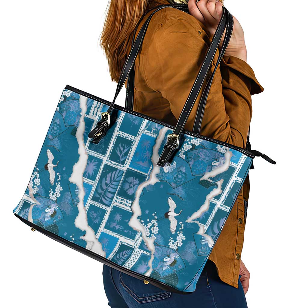 Hawaii Japanese Culture Blue Leather Tote Bag Spring Cranes Aloha Pattern LT01 - Polynesian Pride