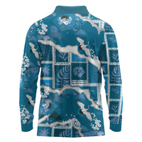 Hawaii Japanese Culture Blue Long Sleeve Polo Shirt Spring Cranes Aloha Pattern LT01 - Polynesian Pride