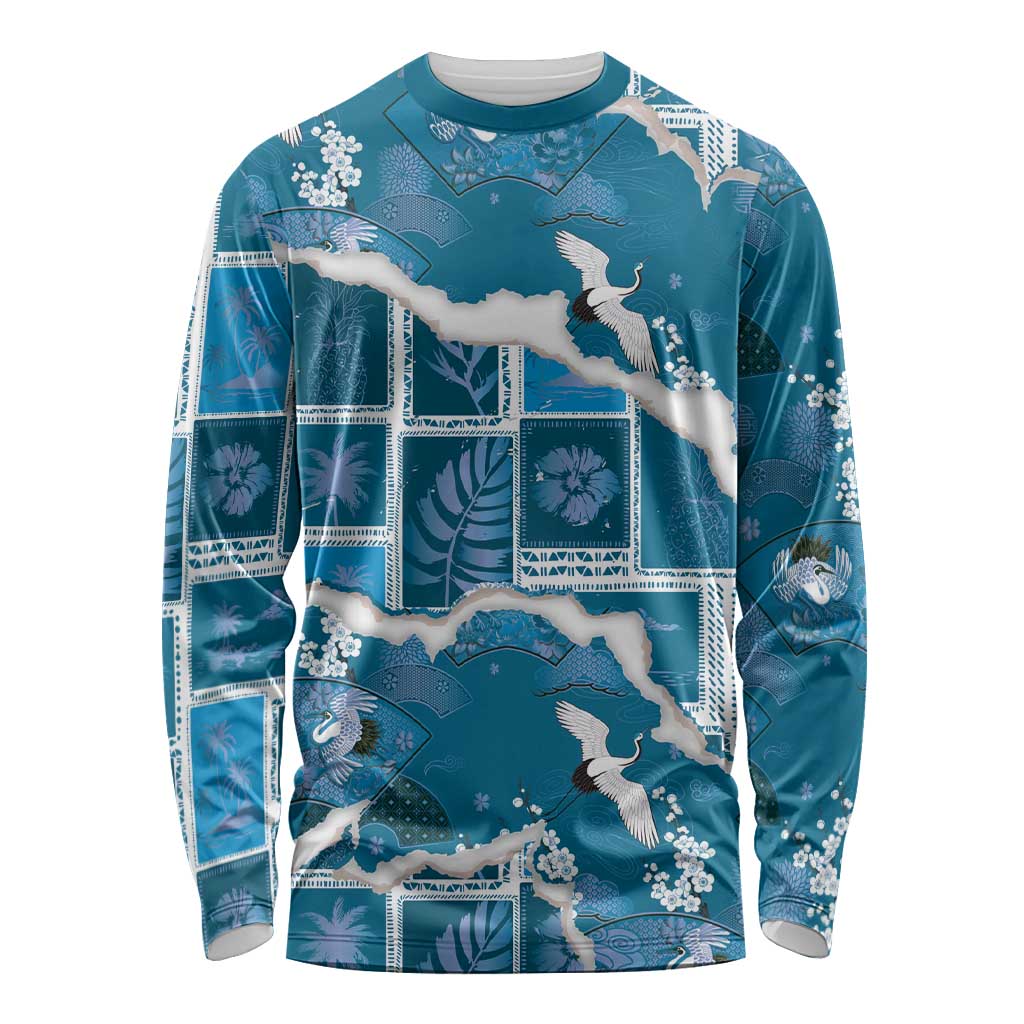 Hawaii Japanese Culture Blue Long Sleeve Shirt Spring Cranes Aloha Pattern LT01 Unisex Blue - Polynesian Pride