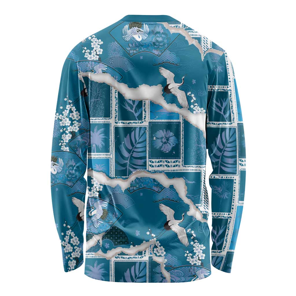 Hawaii Japanese Culture Blue Long Sleeve Shirt Spring Cranes Aloha Pattern LT01 - Polynesian Pride
