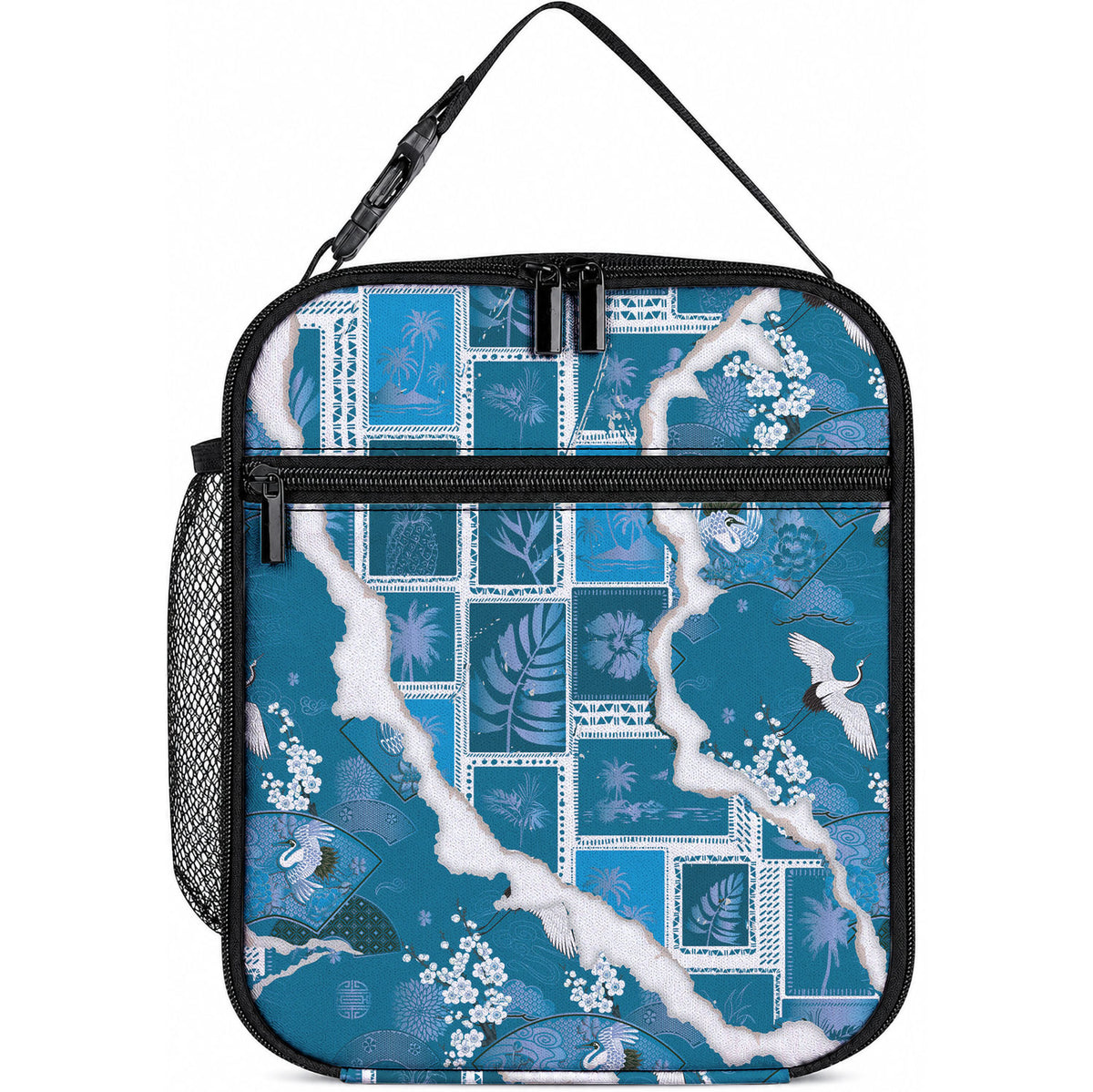 Hawaii Japanese Culture Blue Lunch Bag Spring Cranes Aloha Pattern LT01 10.2 × 8.3 × 4.3 inch Blue - Polynesian Pride