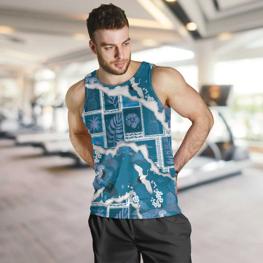 Hawaii Japanese Culture Blue Men Tank Top Spring Cranes Aloha Pattern LT01 Blue - Polynesian Pride
