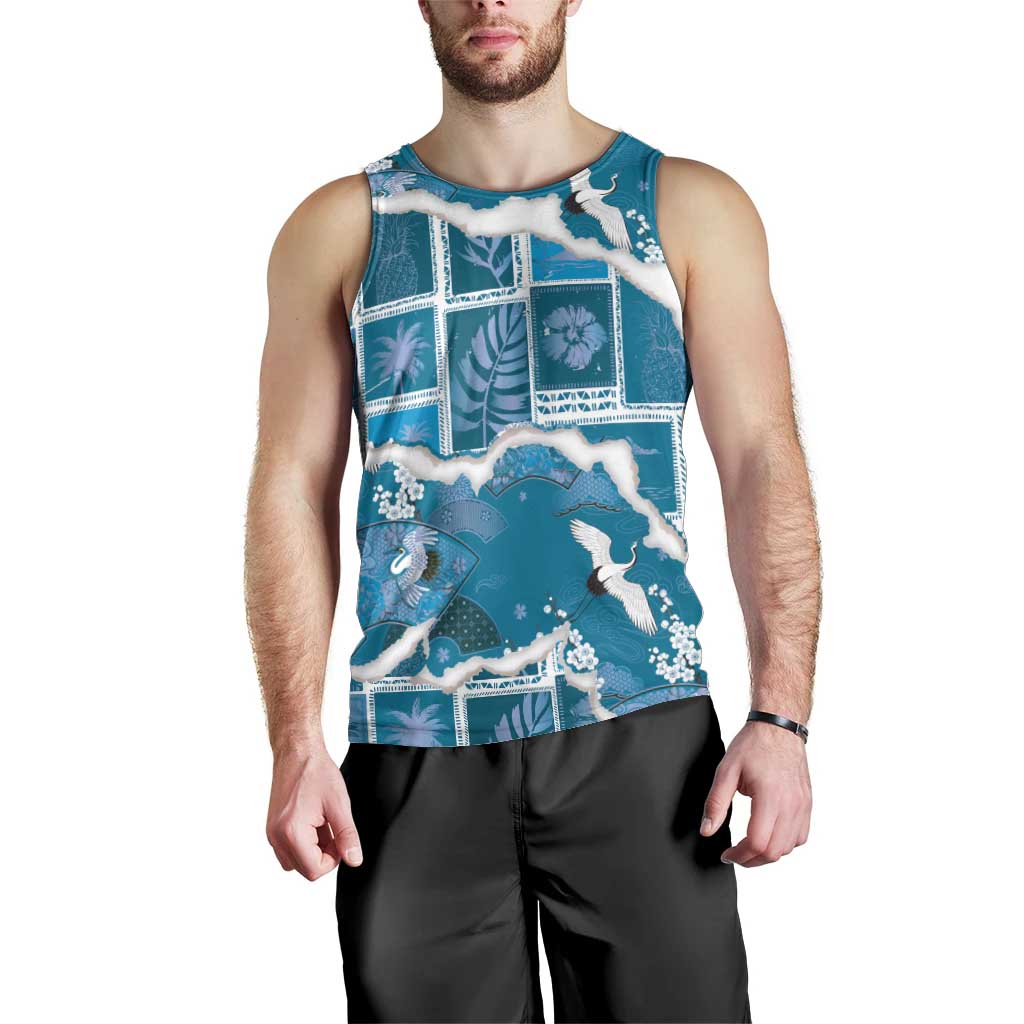 Hawaii Japanese Culture Blue Men Tank Top Spring Cranes Aloha Pattern LT01 - Polynesian Pride