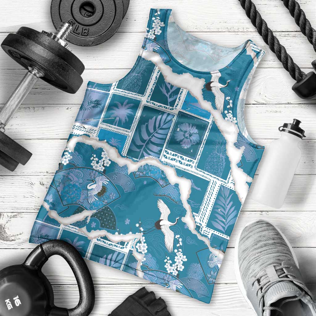 Hawaii Japanese Culture Blue Men Tank Top Spring Cranes Aloha Pattern LT01 - Polynesian Pride