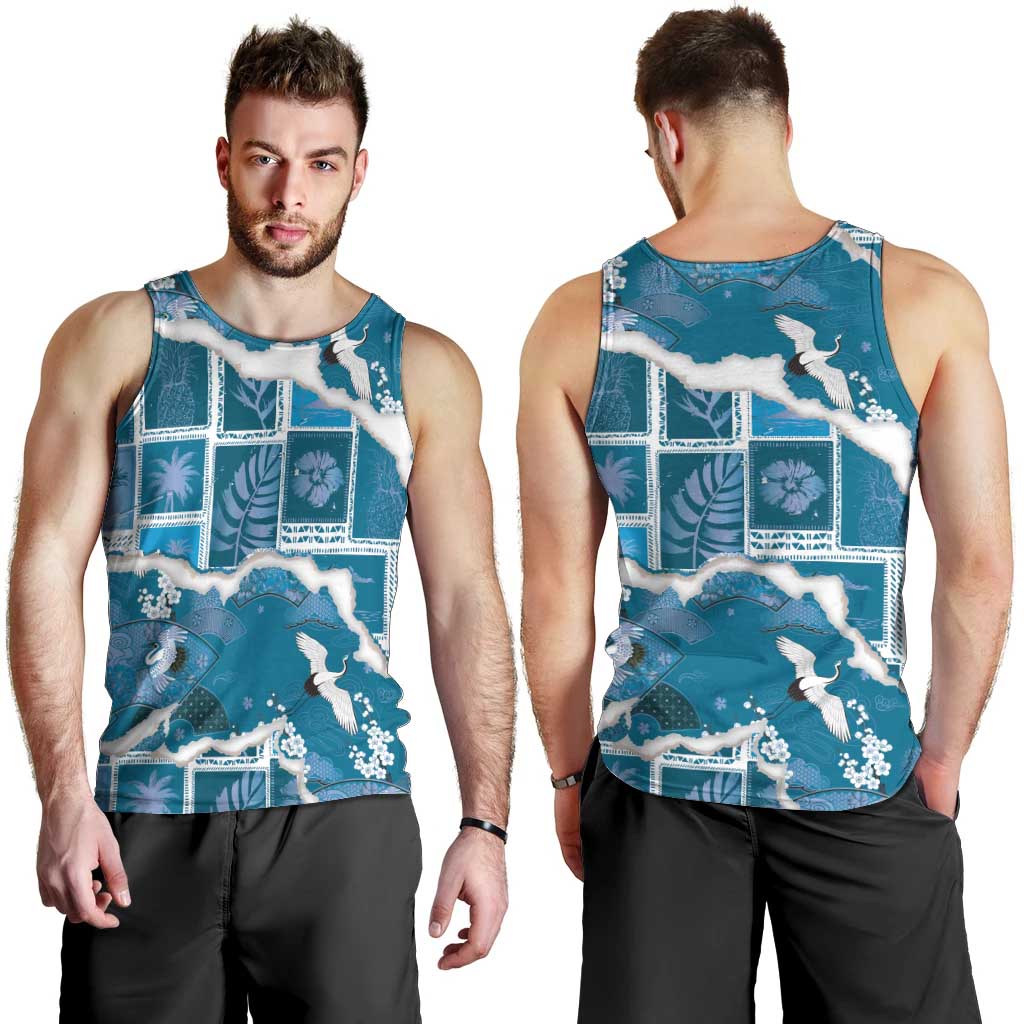 Hawaii Japanese Culture Blue Men Tank Top Spring Cranes Aloha Pattern LT01 - Polynesian Pride