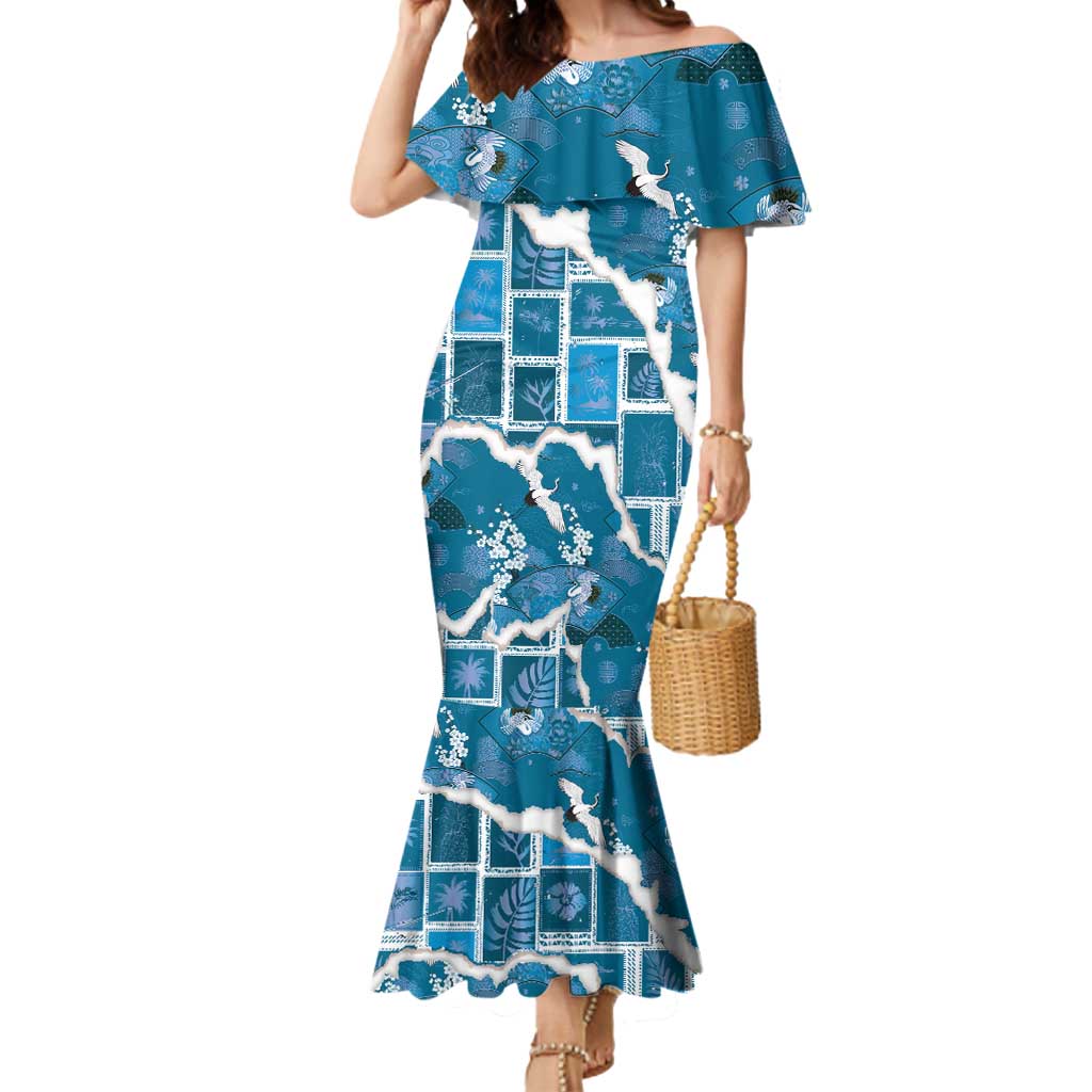 Hawaii Japanese Culture Blue Mermaid Dress Spring Cranes Aloha Pattern LT01 Women Blue - Polynesian Pride
