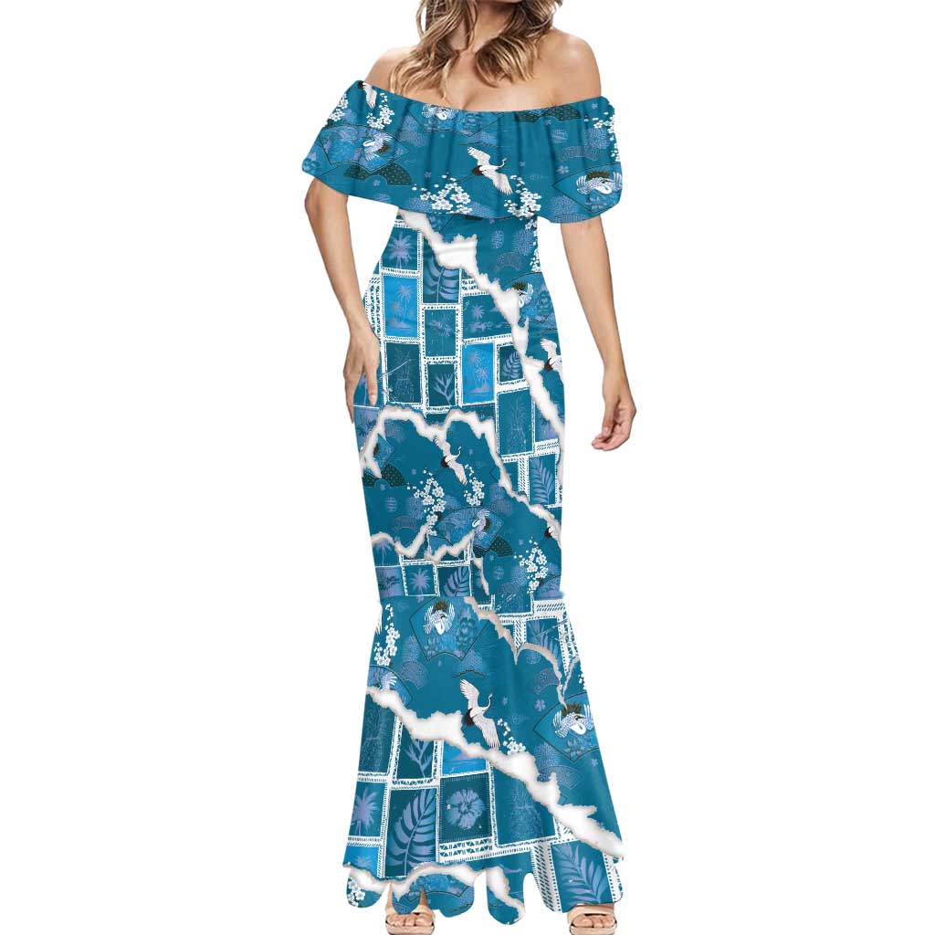 Hawaii Japanese Culture Blue Mermaid Dress Spring Cranes Aloha Pattern LT01 - Polynesian Pride