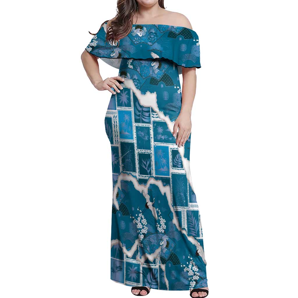 Hawaii Japanese Culture Blue Off Shoulder Maxi Dress Spring Cranes Aloha Pattern LT01 Women Blue - Polynesian Pride