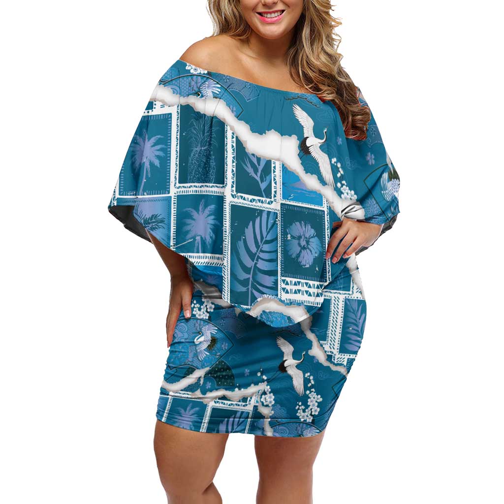 Hawaii Japanese Culture Blue Off Shoulder Short Dress Spring Cranes Aloha Pattern